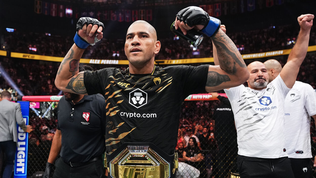 LAS VEGAS, NEVADA - OCTOBER 04: Alex Pereira of Brazil reacts to his win over Magomed Ankalaev of Russia in the UFC light heavyweight championship fight during the UFC 320 event at T-Mobile Arena on October 04, 2025 in Las Vegas, Nevada.