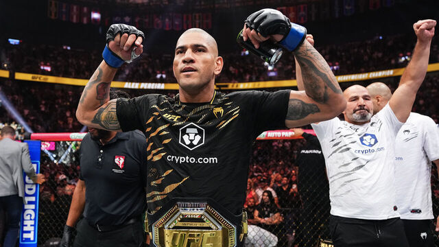 LAS VEGAS, NEVADA - OCTOBER 04: Alex Pereira of Brazil reacts to his win over Magomed Ankalaev of Russia in the UFC light heavyweight championship fight during the UFC 320 event at T-Mobile Arena on October 04, 2025 in Las Vegas, Nevada.