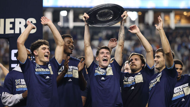 CHESTER, PENNSYLVANIA - OCTOBER 04: Jovan Lukic #4 of the Philadelphia Union lifts the Supporters Shield troph after the MLS match between Philadelphia Union and New York City FC at Subaru Park on October 04, 2025 in Chester, Pennsylvania.