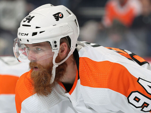 PHILADELPHIA, PA - OCTOBER 20: Ryan Ellis #94 of the Philadelphia Flyers looks on against the Boston Bruins at the Wells Fargo Center on October 20, 2021 in Philadelphia, Pennsylvania.