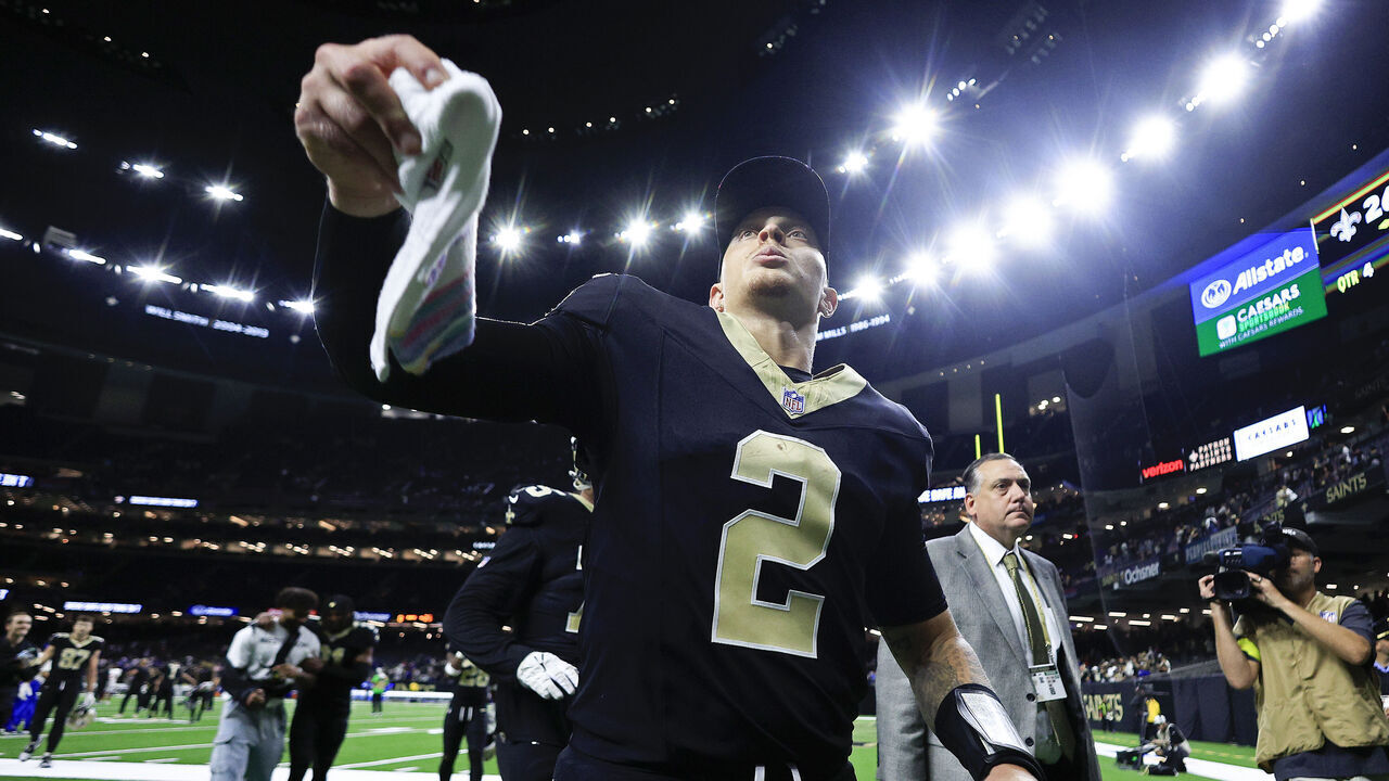 NEW ORLEANS, LOUISIANA - OCTOBER 05: Spencer Rattler #2 of the New Orleans Saints reacts after a 26-14 victory against the New York Giants in the game at Caesars Superdome on October 05, 2025 in New Orleans, Louisiana.