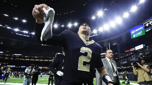 NEW ORLEANS, LOUISIANA - OCTOBER 05: Spencer Rattler #2 of the New Orleans Saints reacts after a 26-14 victory against the New York Giants in the game at Caesars Superdome on October 05, 2025 in New Orleans, Louisiana.