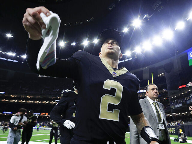 NEW ORLEANS, LOUISIANA - OCTOBER 05: Spencer Rattler #2 of the New Orleans Saints reacts after a 26-14 victory against the New York Giants in the game at Caesars Superdome on October 05, 2025 in New Orleans, Louisiana.