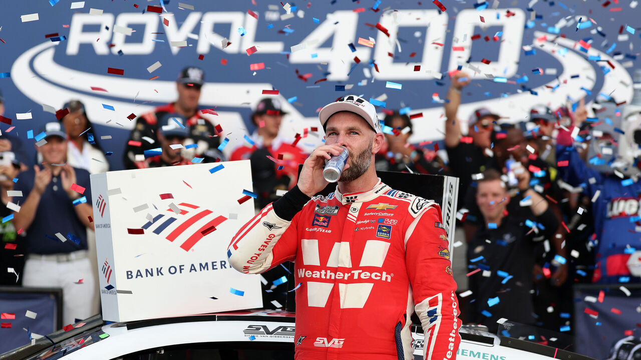 CONCORD, NORTH CAROLINA - OCTOBER 05: Shane Van Gisbergen, driver of the #88 WeatherTech Chevrolet, celebrates in victory lane after winning the NASCAR Cup Series Bank of America ROVAL 400 at Charlotte Motor Speedway on October 05, 2025 in Concord, North Carolina.