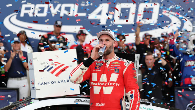CONCORD, NORTH CAROLINA - OCTOBER 05: Shane Van Gisbergen, driver of the #88 WeatherTech Chevrolet, celebrates in victory lane after winning the NASCAR Cup Series Bank of America ROVAL 400 at Charlotte Motor Speedway on October 05, 2025 in Concord, North Carolina.