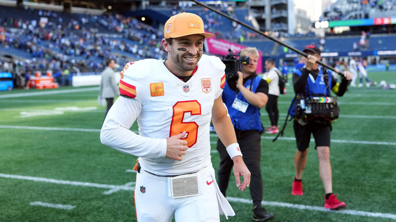 SEATTLE, WASHINGTON - OCTOBER 05: Baker Mayfield #6 of the Tampa Bay Buccaneers leaves the field after beating the Seattle Seahawks 38-35 at Lumen Field on October 05, 2025 in Seattle, Washington.