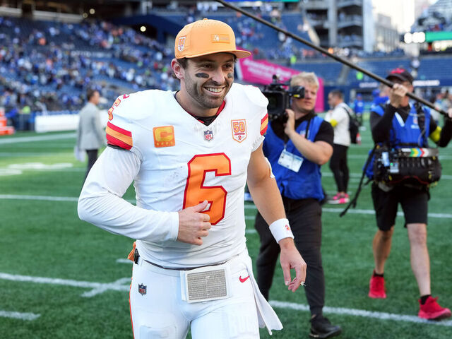 SEATTLE, WASHINGTON - OCTOBER 05: Baker Mayfield #6 of the Tampa Bay Buccaneers leaves the field after beating the Seattle Seahawks 38-35 at Lumen Field on October 05, 2025 in Seattle, Washington.