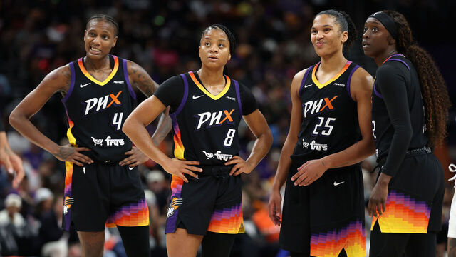 PHOENIX, ARIZONA - SEPTEMBER 28: (L-R) Natasha Mack #4, Monique Akoa Makani #8, Alyssa Thomas #25 and Kahleah Copper #2 of the Phoenix Mercury during the first half of Game Four of the 2025 WNBA Playoffs semifinals at PHX Arena on September 28, 2025 in Phoenix, Arizona. The Mercury defeated the Lynx 86-81 to advance to the WNBA finals.