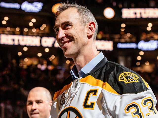 BOSTON, MASSACHUSETTS - MARCH 07: Zdeno Chara of the Boston Bruins holds the Stanley Cup during a pregame "Return of a Champion Era Night" ceremony before the game against the Toronto Maple Leafs at TD Garden on March 07, 2024 in Boston, Massachusetts.