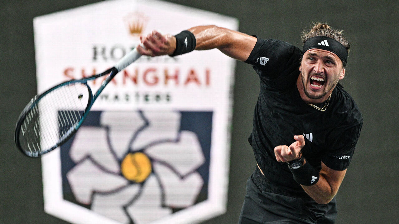 Germany's Alexander Zverev hits a return to France's Arthur Rinderknech during their men's singles match at the Shanghai Masters tennis tournament in Shanghai on October 6, 2025.