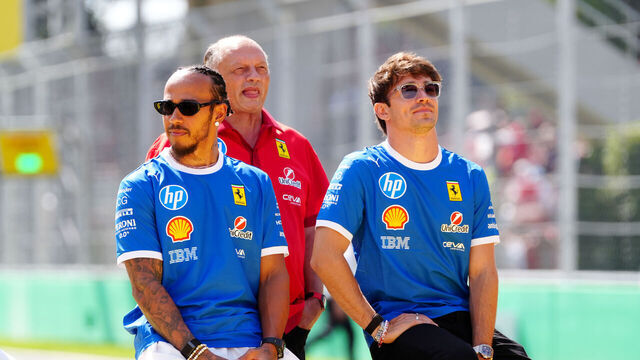 Ferrari team principal Fred Vasseur (centre) with drivers Charles Leclerc and Lewis Hamilton (left) during the Italian Grand Prix at Monza Circuit, Italy. Picture date: Sunday September 7, 2025.