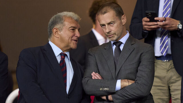 BARCELONA, SPAIN - OCTOBER 01: FC Barcelona president Joan Laporta and UEFA president Aleksander Ceferin share a conversation prior to the UEFA Champions League 2025/26 League Phase MD2 match between FC Barcelona and Paris Saint-Germain at Estadi Olimpic Lluis Companys on October 01, 2025 in Barcelona, Spain.