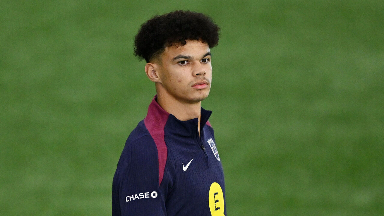 BURTON-UPON-TRENT, ENGLAND - OCTOBER 06: Nico O'Reilly of England looks on during an England Training Session at St Georges Park on October 06, 2025 in Burton-upon-Trent, England.