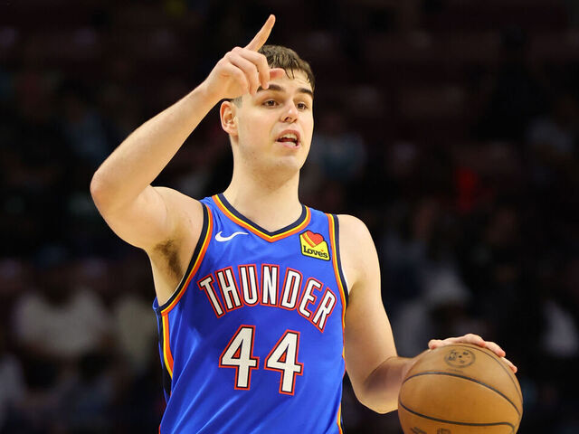 CHARLESTON, SC - OCTOBER 5: Nikola Topic #44 of the Oklahoma City Thunder calls a play during the game against the Charlotte Hornets on October 5, 2025 at Charleston Coliseum in Charleston, South Carolina. Mandatory Copyright Notice: Copyright 2025 NBAE