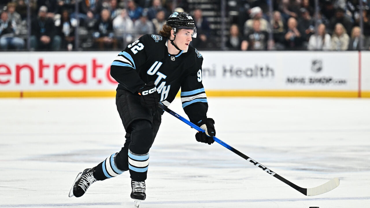 SALT LAKE CITY, UTAH - APRIL 03: Logan Cooley #92 of the Utah Hockey Club skates against the Los Angeles Kings on April 03, 2025 at Delta Center in Salt Lake City, Utah.