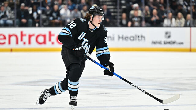SALT LAKE CITY, UTAH - APRIL 03: Logan Cooley #92 of the Utah Hockey Club skates against the Los Angeles Kings on April 03, 2025 at Delta Center in Salt Lake City, Utah.