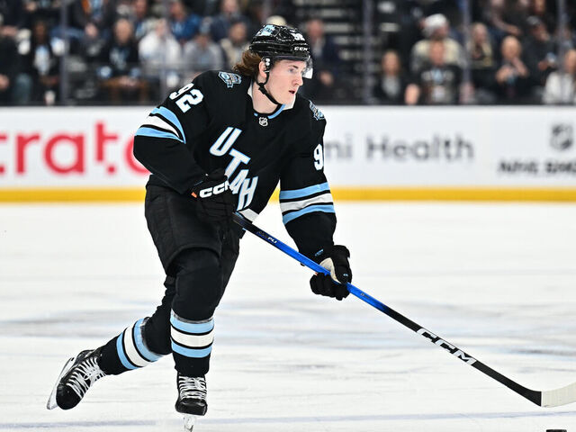 SALT LAKE CITY, UTAH - APRIL 03: Logan Cooley #92 of the Utah Hockey Club skates against the Los Angeles Kings on April 03, 2025 at Delta Center in Salt Lake City, Utah.