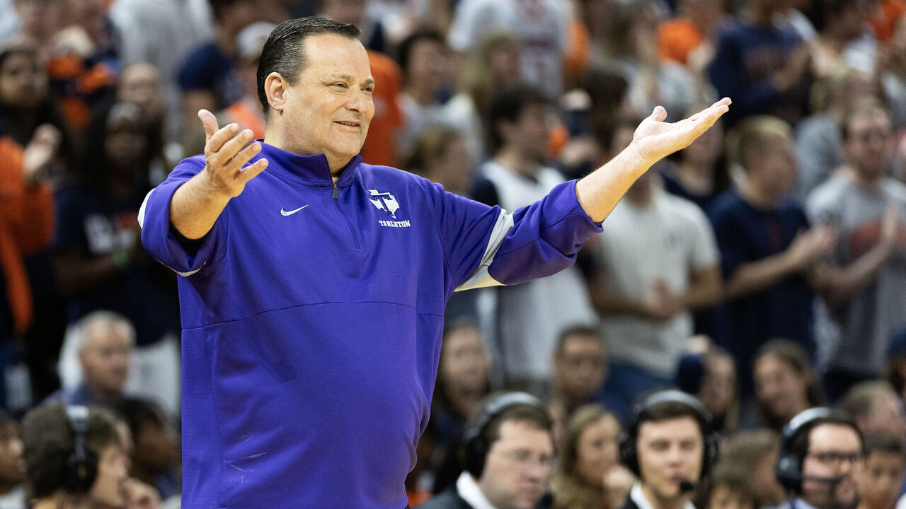 CHARLOTTESVILLE, VIRGINIA - NOVEMBER 6: Head coach Billy Gillispie of the Tarleton State Texans reacts to a call in the first half during a game against the Virginia Cavaliers at John Paul Jones Arena on November 6, 2023 in Charlottesville, Virginia.