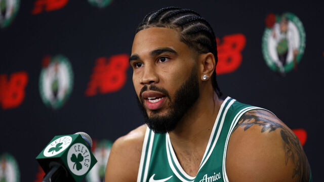 Boston, MA - September 29: Boston Celtics forward Jayson Tatum speaks during Celtics media day at the Auerbach Center on September 29, 2025.