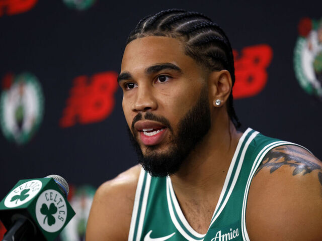 Boston, MA - September 29: Boston Celtics forward Jayson Tatum speaks during Celtics media day at the Auerbach Center on September 29, 2025.