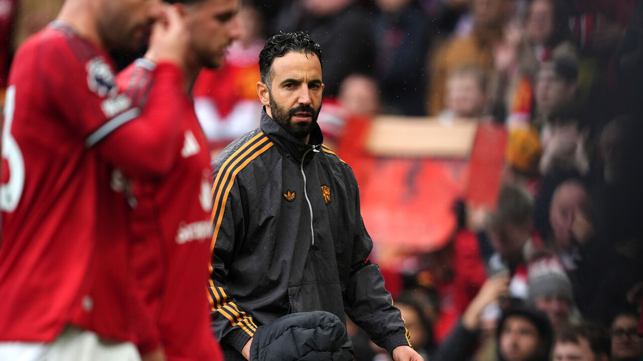Manchester United manager Ruben Amorim at half time during the Premier League match at Old Trafford, Manchester. Picture date: Saturday October 4, 2025.