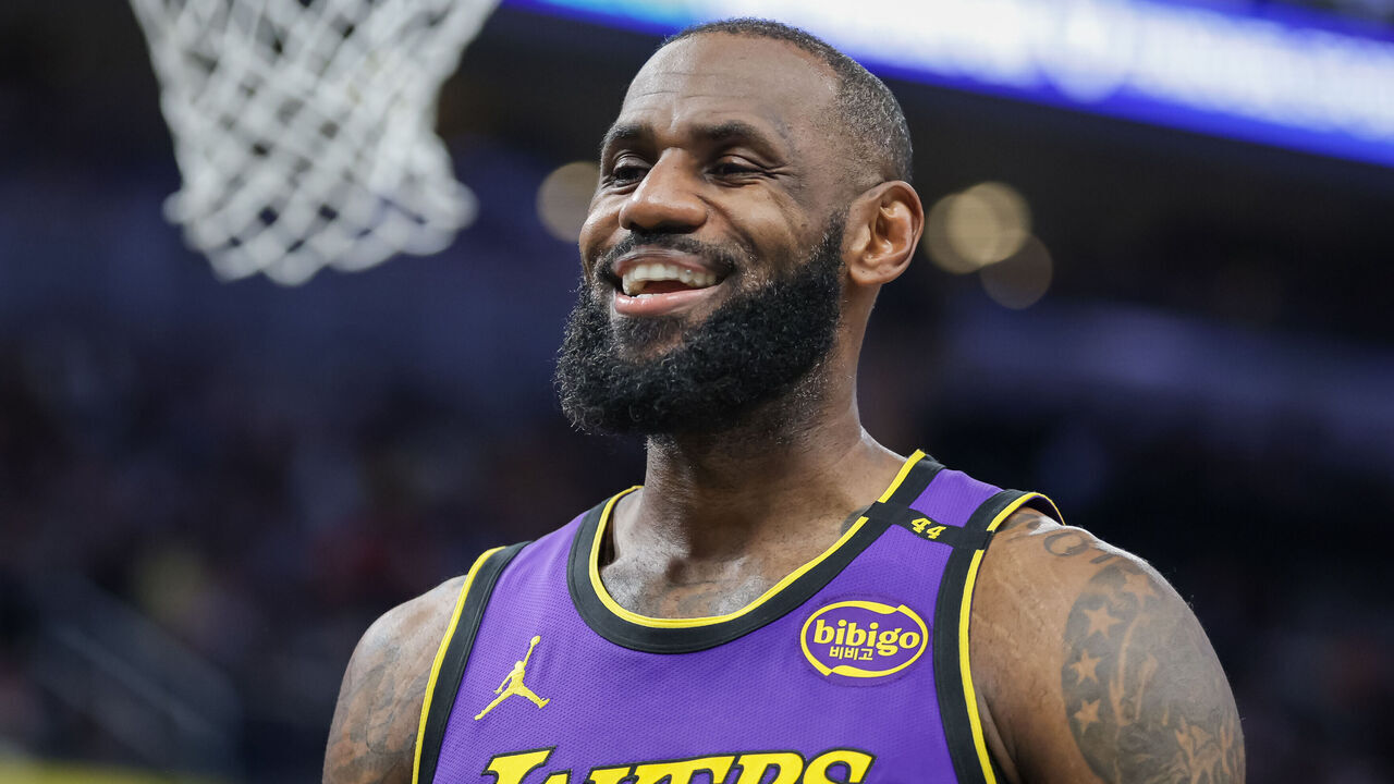 INDIANAPOLIS, INDIANA - MARCH 26: LeBron James #23 of the Los Angeles Lakers reacts during the game against the Indiana Pacers at Gainbridge Fieldhouse on March 26, 2025 in Indianapolis, Indiana.