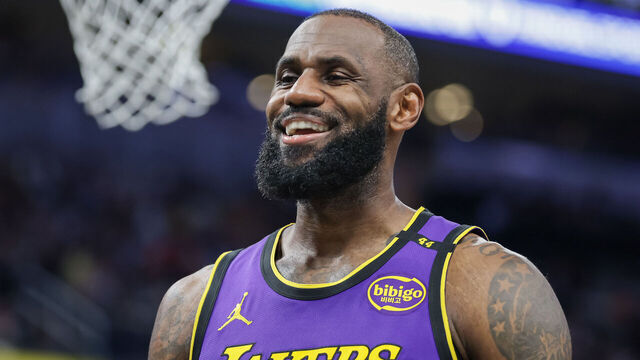 INDIANAPOLIS, INDIANA - MARCH 26: LeBron James #23 of the Los Angeles Lakers reacts during the game against the Indiana Pacers at Gainbridge Fieldhouse on March 26, 2025 in Indianapolis, Indiana.