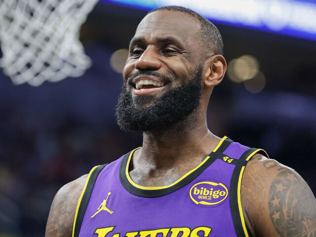 INDIANAPOLIS, INDIANA - MARCH 26: LeBron James #23 of the Los Angeles Lakers reacts during the game against the Indiana Pacers at Gainbridge Fieldhouse on March 26, 2025 in Indianapolis, Indiana.