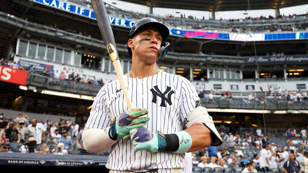 NEW YORK, NY - SEPTEMBER 06: Aaron Judge #99 of the New York Yankees looks on from the on deck circle during the game against the Toronto Blue Jays at Yankee Stadium on September 6, 2025 in New York, New York.