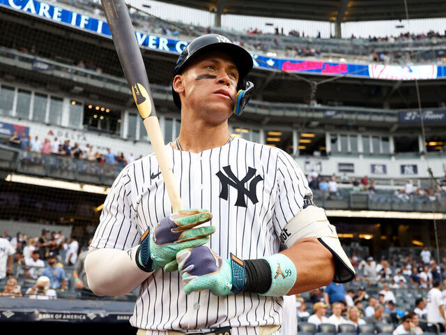 NEW YORK, NY - SEPTEMBER 06: Aaron Judge #99 of the New York Yankees looks on from the on deck circle during the game against the Toronto Blue Jays at Yankee Stadium on September 6, 2025 in New York, New York.