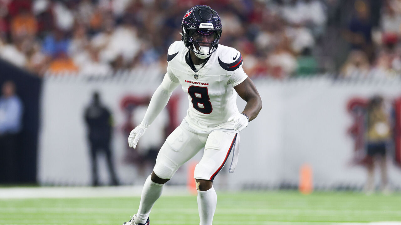 HOUSTON, TEXAS - SEPTEMBER 15: CJ. Gardner-Johnson #8 of the Houston Texans in coverage during an NFL football game against the Tampa Bay Buccaneers at NRG Stadium on September 15, 2025 in Houston, Texas.