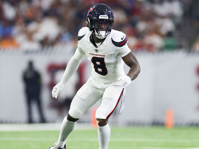 HOUSTON, TEXAS - SEPTEMBER 15: CJ. Gardner-Johnson #8 of the Houston Texans in coverage during an NFL football game against the Tampa Bay Buccaneers at NRG Stadium on September 15, 2025 in Houston, Texas.