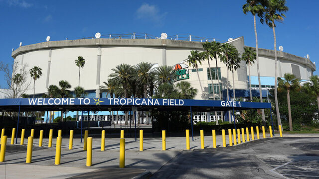 ST PETERSBURG, FLORIDA - APRIL 5: A general overall view of Tropicana Field and stadium dome damage from Hurricane Milton on April 5, 2025 in St. Petersburg, Florida.
