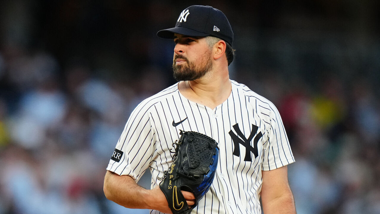 NEW YORK, NY - OCTOBER 01: Carlos Rodón #55 of the New York Yankees prepares to pitch during Game Two of the American League Wild Card Series between the Boston Red Sox and the New York Yankees at Yankee Stadium on Wednesday, October 1, 2025 in New York, New York.