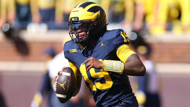 ANN ARBOR, MICHIGAN - OCTOBER 04: Bryce Underwood #19 of the Michigan Wolverines plays against the Wisconsin Badgers at Michigan Stadium on October 04, 2025 in Ann Arbor, Michigan.