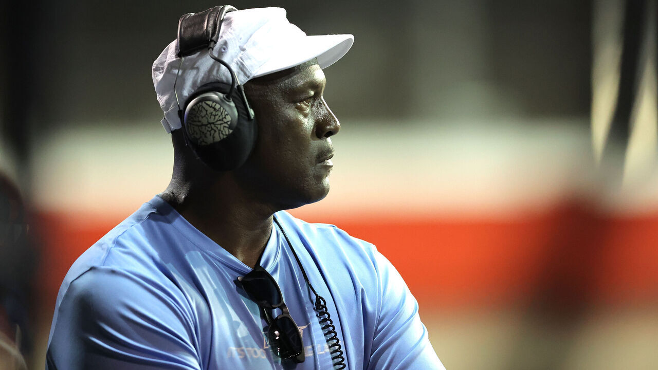 DARLINGTON, SC - AUGUST 31: 23Xi co-owner Michael Jordan stands in the pit box during the running of the NASCAR Cup Series Cook Out Southern 500 on August 31, 2025 at Darlington Raceway in Darlington S.C.