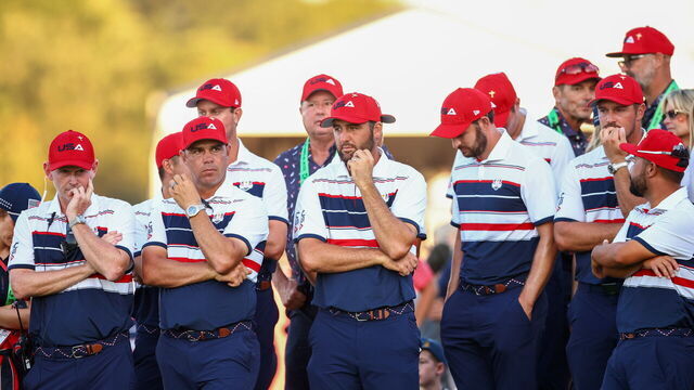 New York , United States - 28 September 2025; USA players and backroom staff, including Scottie Scheffler, centre, after the singles matches on day three of the 2025 Ryder Cup at Black Course at Bethpage State Park Golf Course in Farmingdale, New York, USA.