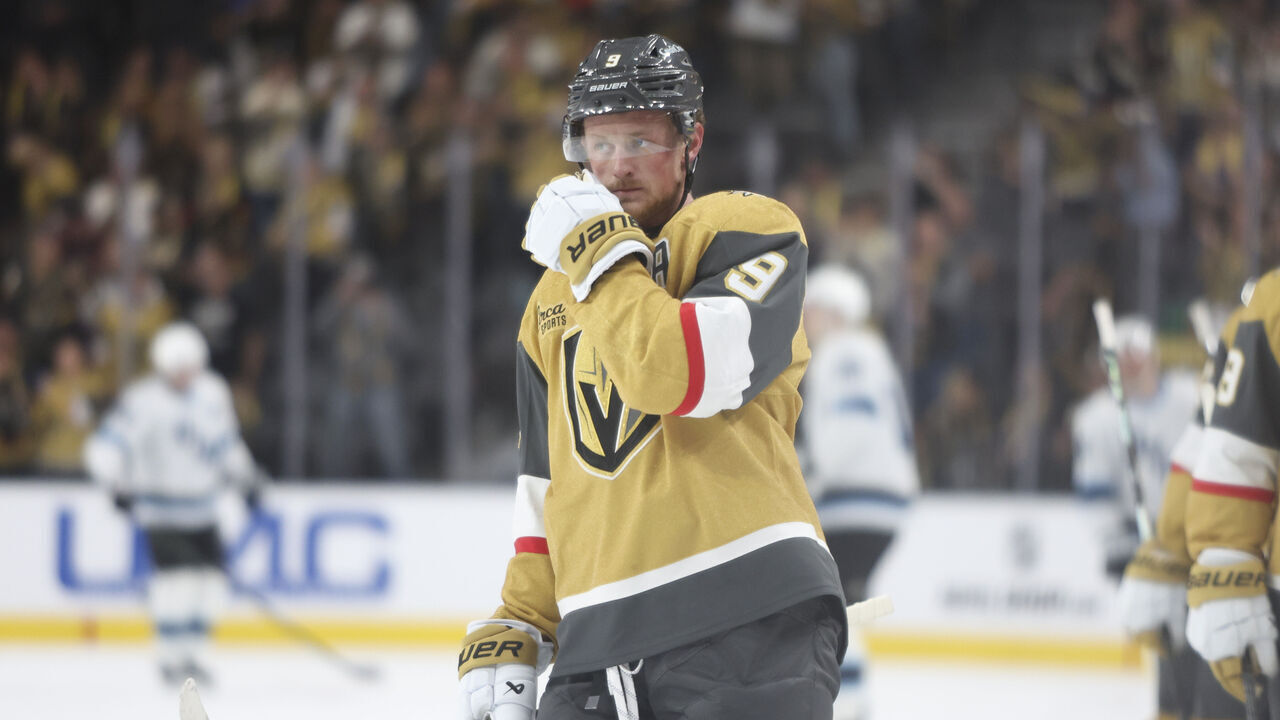 LAS VEGAS, NEVADA - SEPTEMBER 25: Jack Eichel #9 of the Vegas Golden Knights reacts after scoring a goal against the Utah Mammoth in the third period during a preseason game at T-Mobile Arena on September 25, 2025 in Las Vegas, Nevada.