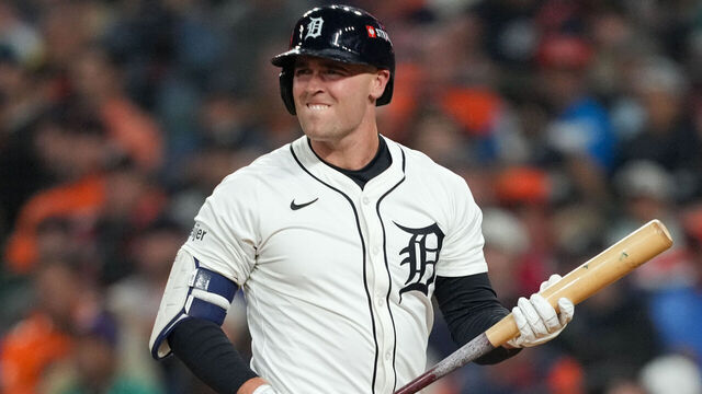 DETROIT, MI - OCTOBER 07: Kerry Carpenter #30 of the Detroit Tigers reacts to striking out in the third inning during Game Three of the American League Division Series presented by Booking.com between the Seattle Mariners and the Detroit Tigers at Comerica Park on Tuesday, October 7, 2025 in Detroit, Michigan.