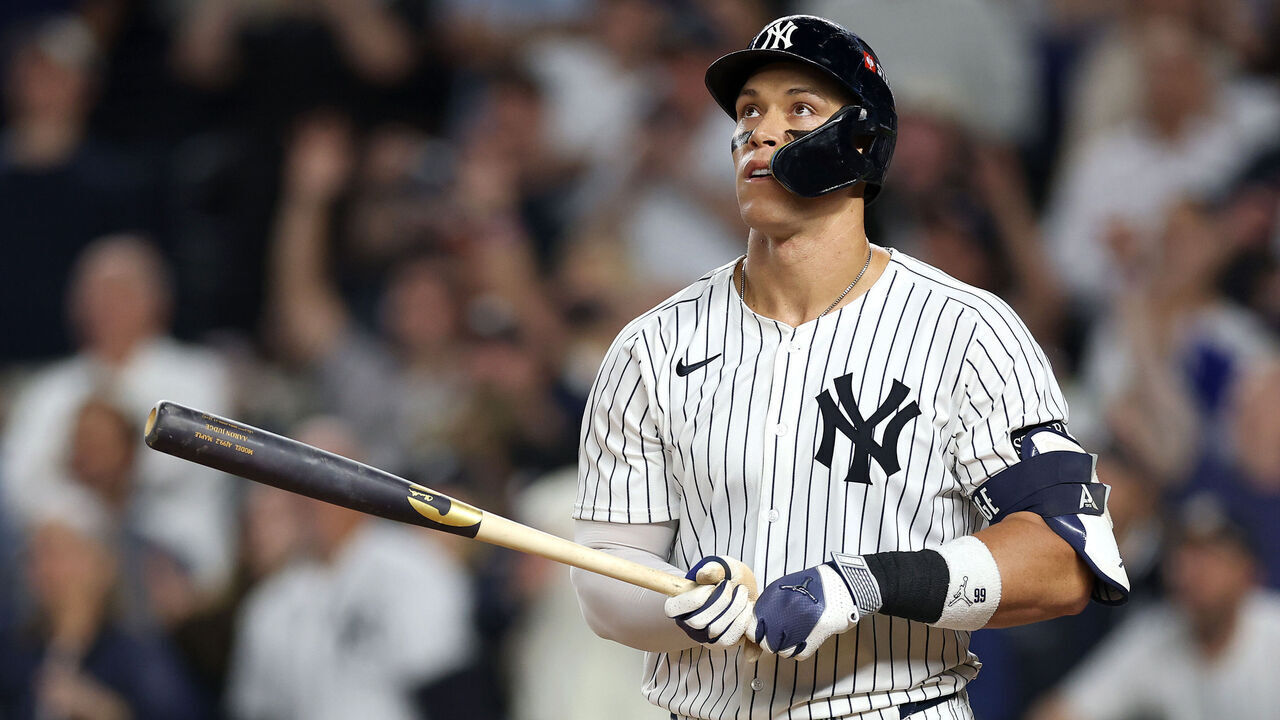 NEW YORK, NEW YORK - OCTOBER 07: Aaron Judge #99 of the New York Yankees hits a three-run home run against the Toronto Blue Jays during the fourth inning in game three of the American League Division Series at Yankee Stadium on October 07, 2025 in the Bronx borough of New York City.