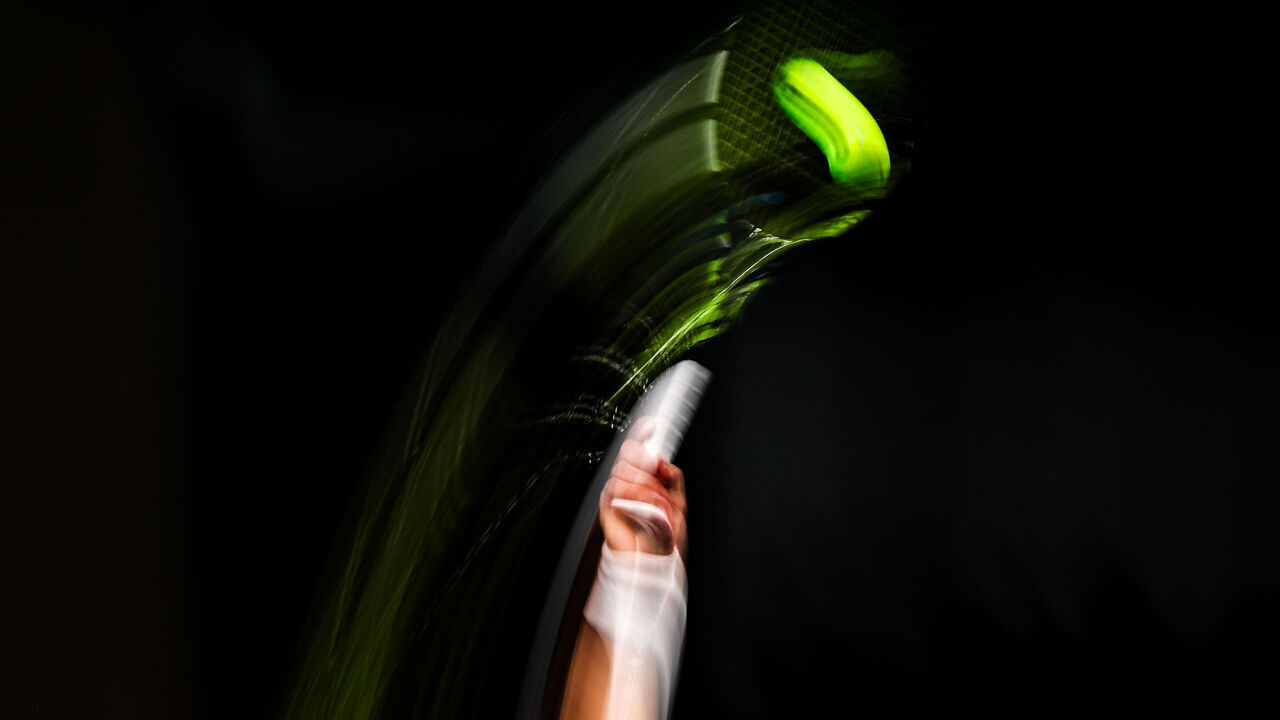 DEBRECEN, HUNGARY - SEPTEMBER 12: General view of a ball in play during the 2025 Davis Cup Qualifier second round match between Hungary and Austria at Fonix Arena on September 12, 2025 in Debrecen, Hungary.