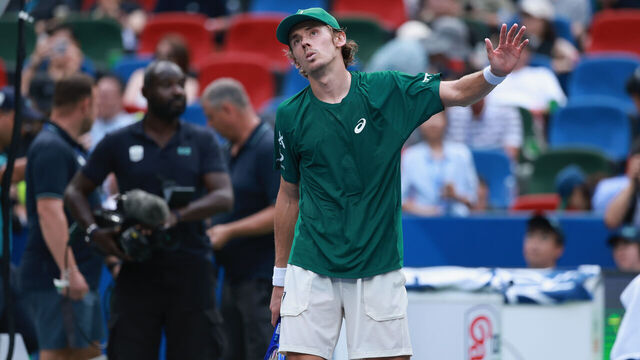SHANGHAI, CHINA - OCTOBER 08: Alex De Minaur of Australia celebrates his win against Nuno Borges of Portugal in the Men's singles round of 16 match on Day 10 of 2025 Shanghai Rolex Masters at Qi Zhong Tennis Center on October 08, 2025 in Shanghai, China.
