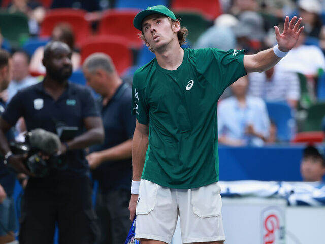 SHANGHAI, CHINA - OCTOBER 08: Alex De Minaur of Australia celebrates his win against Nuno Borges of Portugal in the Men's singles round of 16 match on Day 10 of 2025 Shanghai Rolex Masters at Qi Zhong Tennis Center on October 08, 2025 in Shanghai, China.