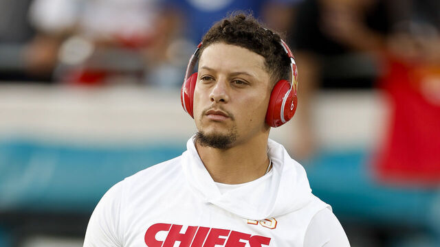 JACKSONVILLE, FL - OCTOBER 06: Kansas City Chiefs quarterback Patrick Mahomes (15) looks on before the game between the Kansas City Chiefs and the Jacksonville Jaguars on October 6, 2025 at EverBank Stadium in Jacksonville, Fl.