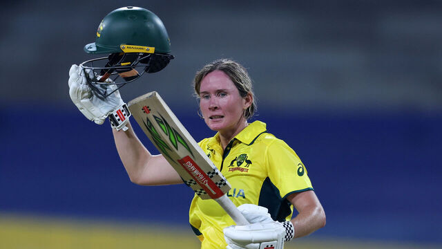 COLOMBO, SRI LANKA - OCTOBER 08: Beth Mooney of Australia celebrates her century during the ICC Women's Cricket World Cup India 2025 match between Australia and Pakistan at R. Premadasa Stadium on October 08, 2025 in Colombo, Sri Lanka.