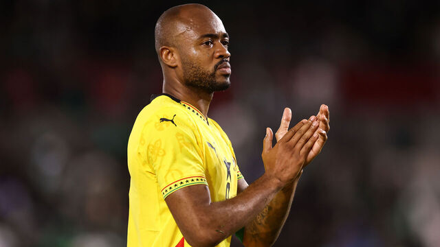 BRENTFORD, ENGLAND - MAY 28: Jordan Ayew of Ghana during the Unity Cup Semi Final match between Nigeria and Ghana at Gtech Community Stadium on May 28, 2025 in Brentford, England.