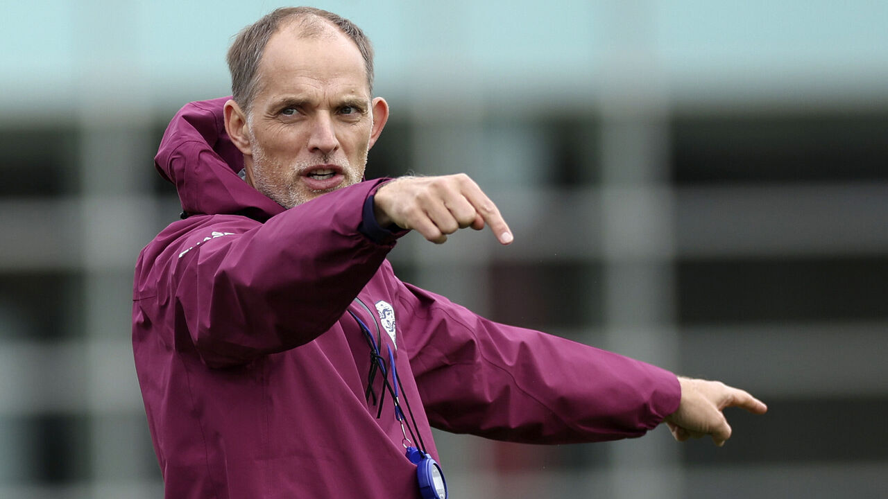BURTON-UPON-TRENT, ENGLAND - OCTOBER 08: Thomas Tuchel, Head Coach of England, reacts during a training session at St Georges Park on October 08, 2025 in Burton-upon-Trent, England.