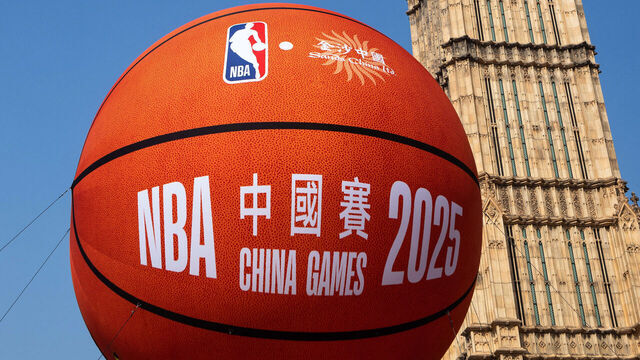 A large basketball ball announcing NBA games coming to China 2025 is pictured outside the Londoner Hotel in Macau on December 6, 2024. The NBA will stage two pre-season games in Macau next October, its deputy commissioner said on December 6, marking its return to China after being frozen out for more than five years.