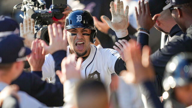DETROIT, MI - OCTOBER 08: Javier Báez #28 of the Detroit Tigers celebrates with teammates in the dugout after hitting a two-run home run in the sixth inning during Game Four of the American League Division Series presented by Booking.com between the Seattle Mariners and the Detroit Tigers at Comerica Park on Wednesday, October 8, 2025 in Detroit, Michigan.