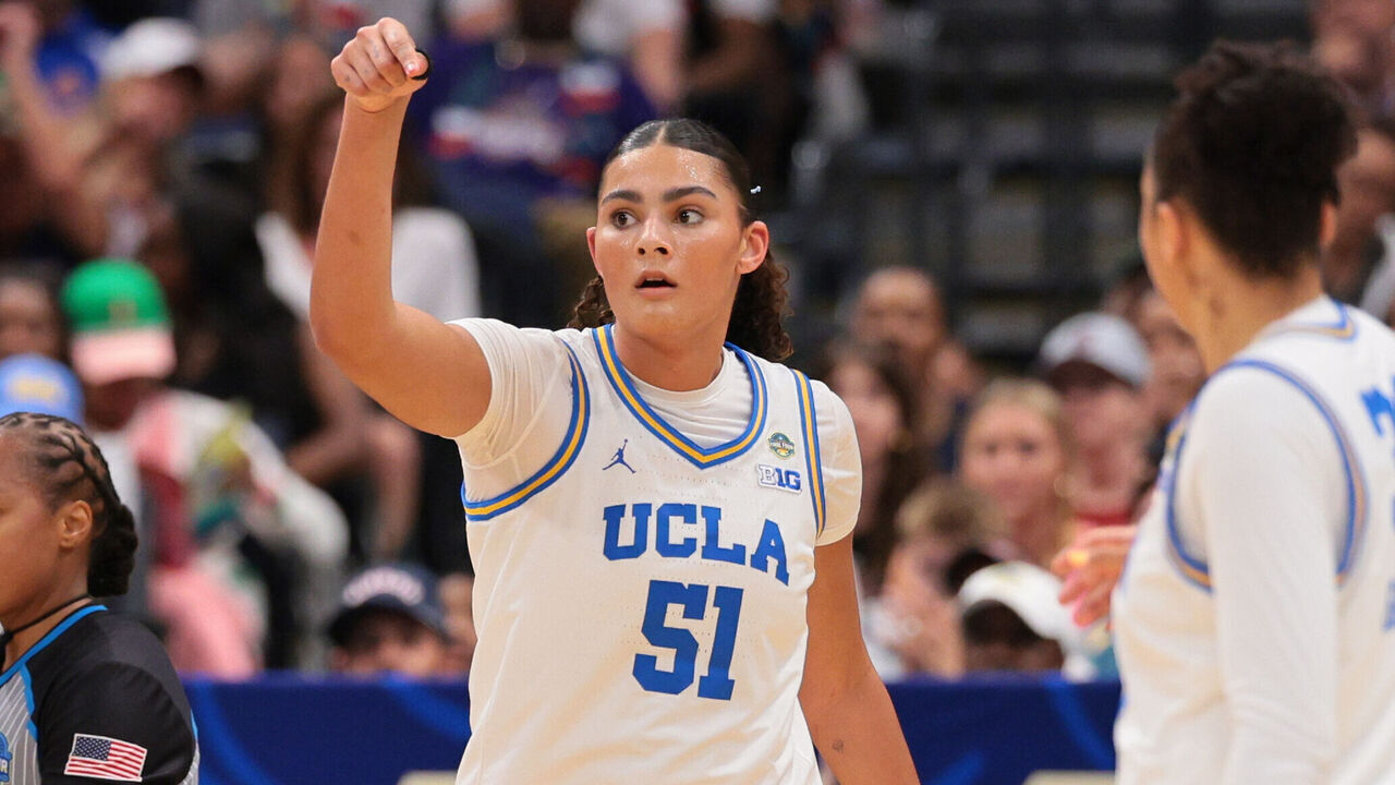 TAMPA, FLORIDA - APRIL 4: Lauren Betts #51 of the UCLA Bruins reacts to a play against the UConn Huskies during the NCAA Women's Basketball Tournament Final Four semifinal game at Amalie Arena on April 4, 2025 in Tampa, Florida.